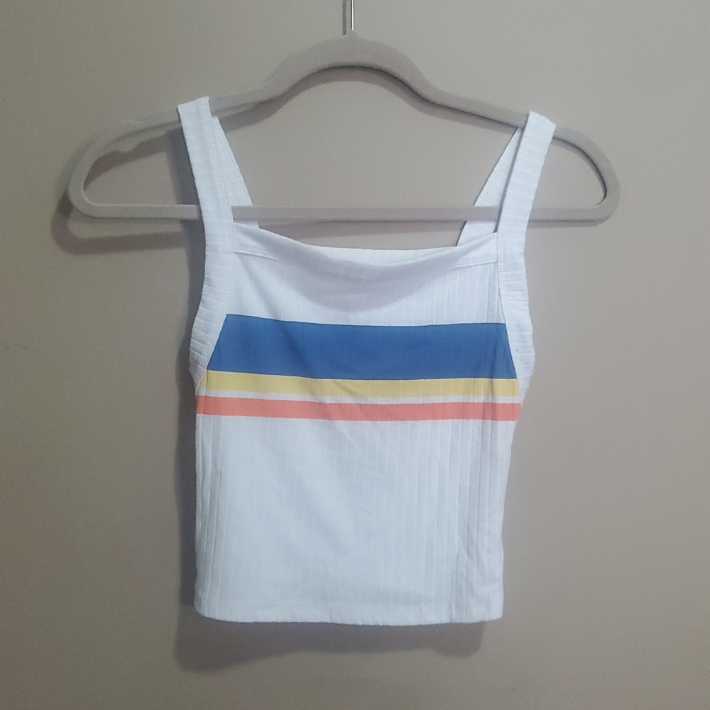 Urban Heritage White Crop Tank with Blue, Yellow and Coral Stripes Size Small